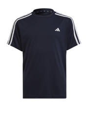thumbnail: Donkerblauw en witte jongens adidas Sportswear sportshirt van polyester met strepenprint, korte mouwen en ronde hals