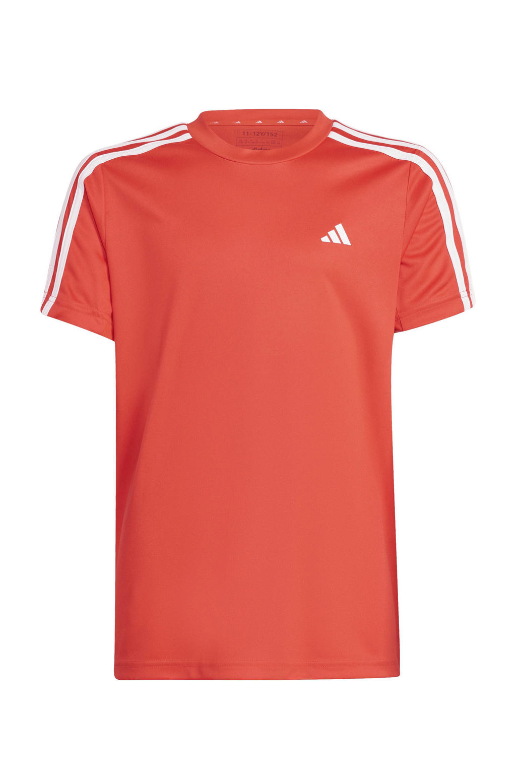 Rood, oranje en witte jongens adidas Sportswear sportshirt oranjerood van polyester met strepenprint, korte mouwen en ronde hals