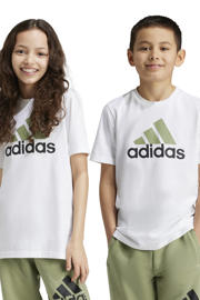 thumbnail: Wit en lichtgroene jongens en meisjes adidas Sportswear T-shirt van katoen met logo dessin, korte mouwen en ronde hals