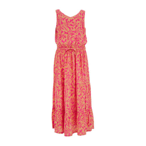 WE Fashion maxi jurk met all over print roze oranje Meisjes Viscose V-hals 122 128