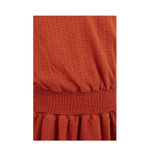 WE Fashion jurk met all over print en ruches terra Oranje Meisjes Stretchkatoen Ronde hals 134 140
