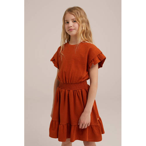 WE Fashion jurk met all over print en ruches terra Oranje Meisjes Stretchkatoen Ronde hals 134 140