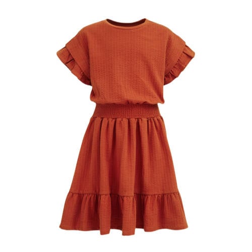 WE Fashion jurk met all over print en ruches terra Oranje Meisjes Stretchkatoen Ronde hals