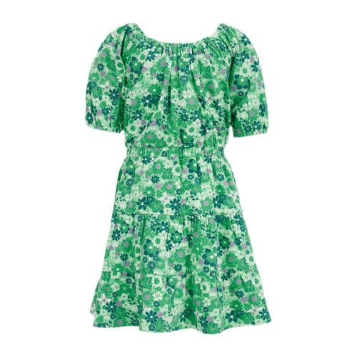 WE Fashion gebloemde jurk groen Meisjes Stretchkatoen Ronde hals Bloemen 98 104