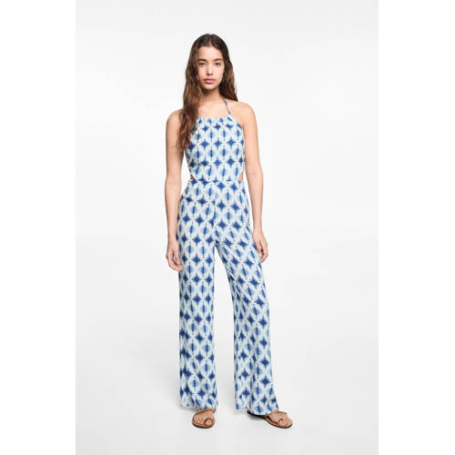 Mango Kids jumpsuit met all over print blauw wit Meisjes Viscose Halter 158(XS)