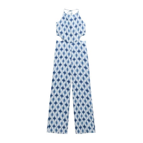 Mango Kids jumpsuit met all over print blauw/wit Meisjes Viscose Halter - 158(XS)