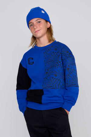 Colourblock Sweater Nathan met Print Blauw