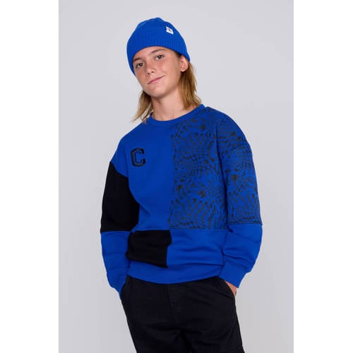 Coolcat Colourblock Sweater Nathan met Print Blauw Jongens Katoen Ronde hals