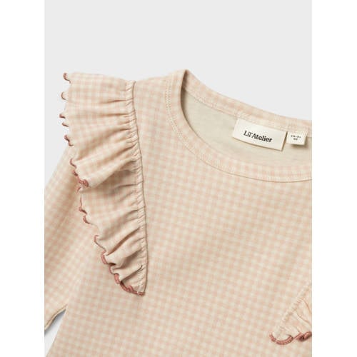 LIL' ATELIER MINI geruite longsleeve lichtroze ecru Meisjes Katoen Ronde hals 104
