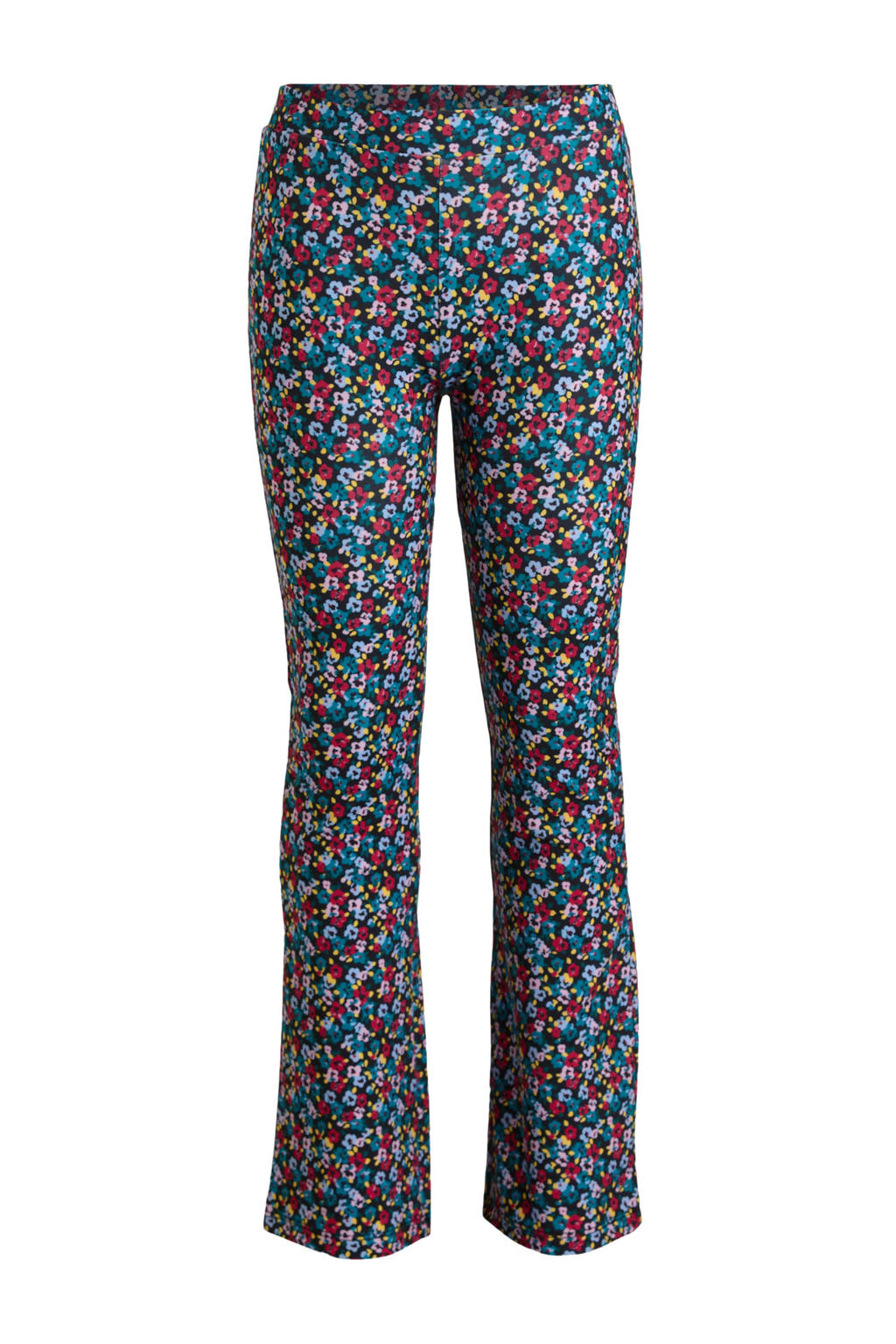 Donkerblauwe meisjes anytime flared broek van polyester met elastische tailleband en bloemenprint