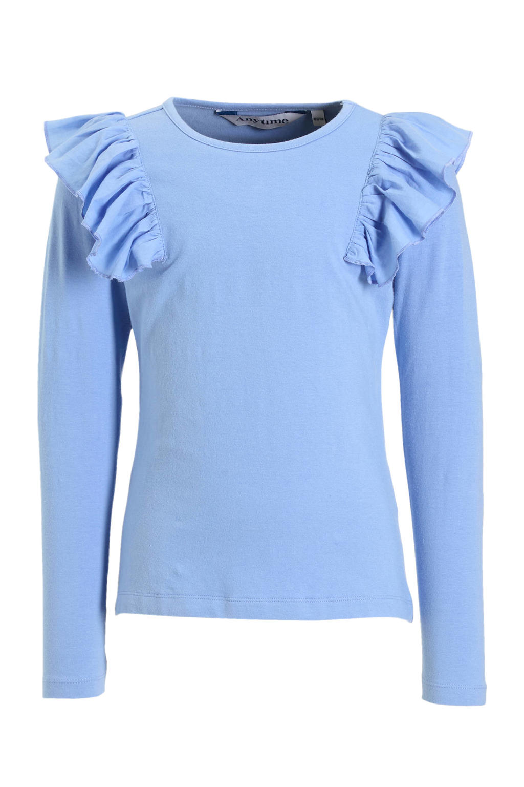 Blauwe meisjes anytime longsleeve van katoen met effen, lange mouwen, ronde hals en ruches
