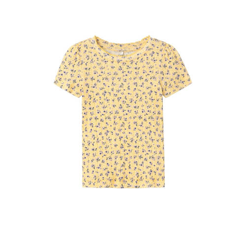 NAME IT MINI gebloemd T-shirt NMFJAIDA geel/lila Meisjes Biologisch katoen Ronde hals