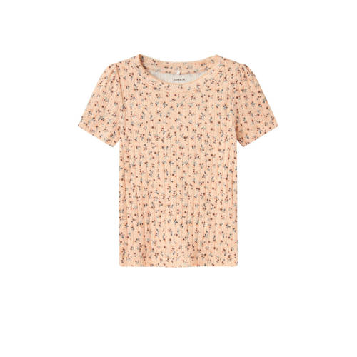 NAME IT MINI gebloemd T-shirt NMFJAIDA zalmroze/lichtgroen Meisjes Biologisch katoen Ronde hals