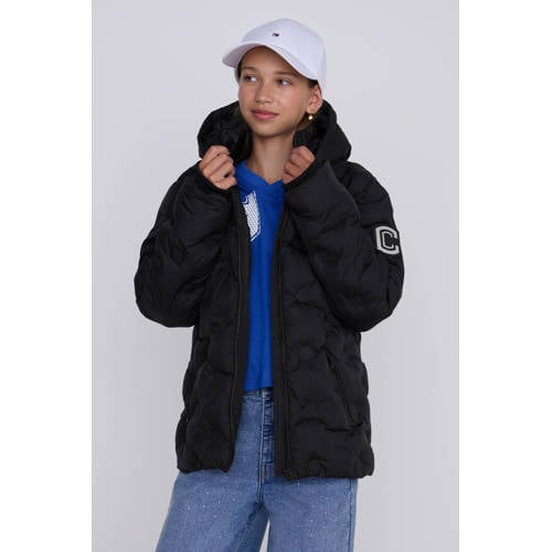 Coolcat Puffer Winterjas Jennifer met 3D Hartjes Zwart Meisjes Polyamide Capuchon