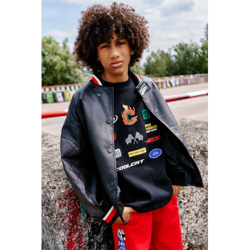Coolcat Bomberjas Jeno met CC Applicatie Bomberjack Zwart Jongens Imitatieleer Ronde hals