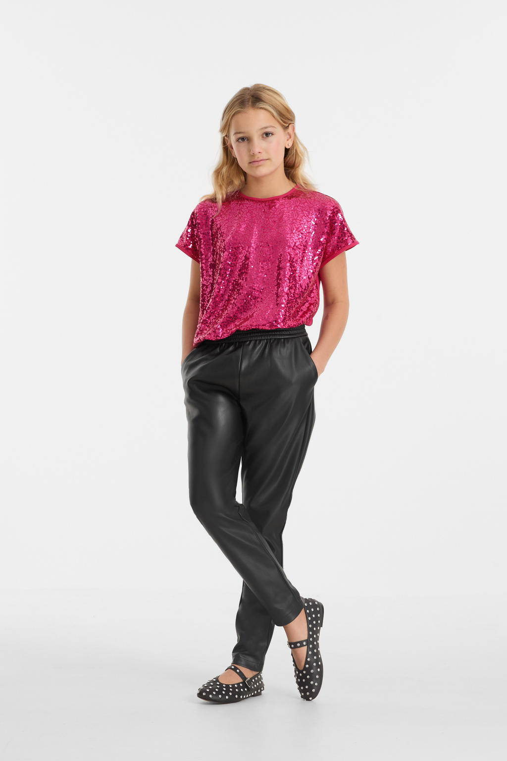 Zwarte meisjes anytime Joggingbroek imitatieleer met elastische tailleband en effen