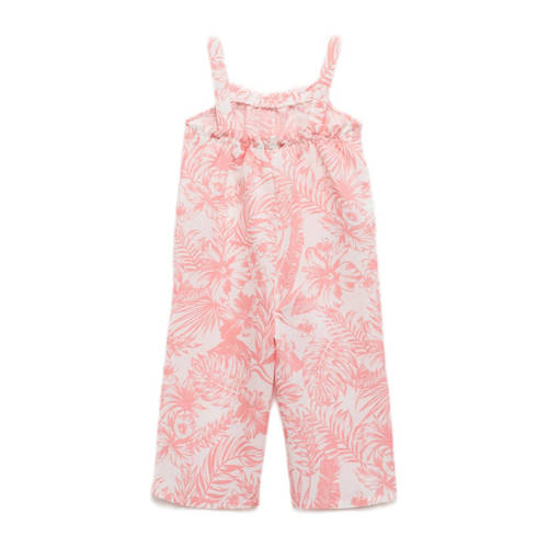 Mango Kids jumpsuit met all over print lichtroze wit Meisjes Katoenlinnen Vierkante hals 86