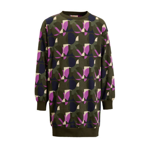 Orange Stars sweaterjurk Rome met alloverprint donkergroen Meisjes Katoen Ronde hals