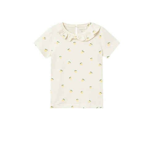 NAME IT MINI T-shirt met all over print en ruches ecru/geel/groen Meisjes Stretchkatoen Ronde hals - 104