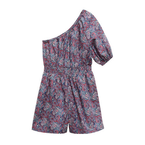 Mango Kids jumpsuit met all over print donkerblauw/paars Meisjes Katoen One shoulder - 116