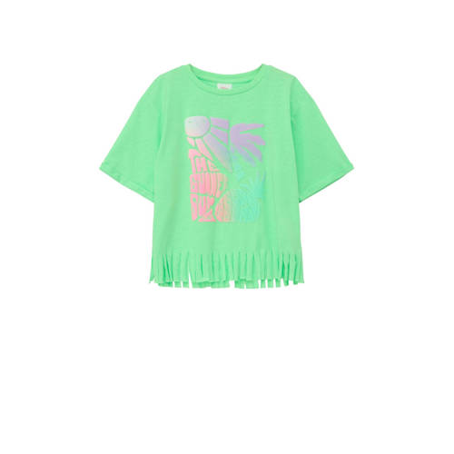 s.Oliver T-shirt met printopdruk en franjes neongroen Meisjes Polyester Ronde hals - 104/110