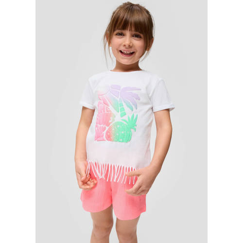 s.Oliver T-shirt met printopdruk en franjes wit Meisjes Polyester Ronde hals 128 134
