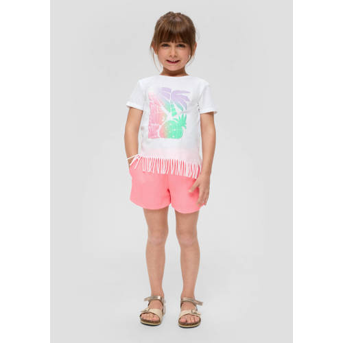 s.Oliver T-shirt met printopdruk en franjes wit Meisjes Polyester Ronde hals 128 134