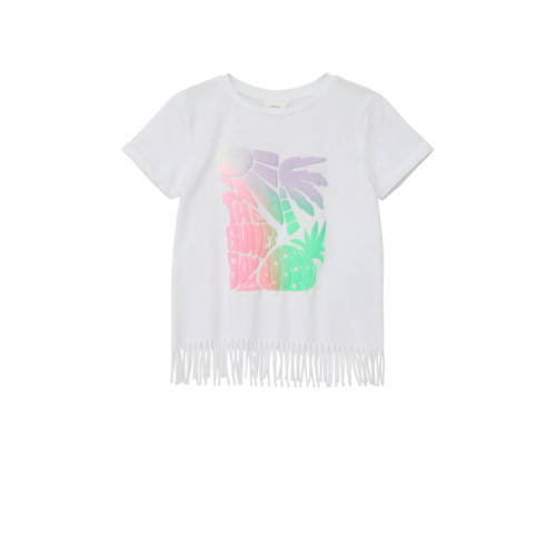 s.Oliver T-shirt met printopdruk en franjes wit Meisjes Polyester Ronde hals