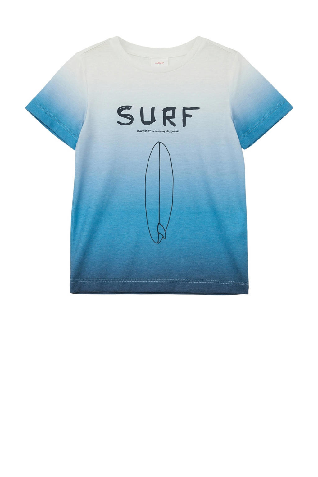 Blauwe jongens s.Oliver T-shirt van polyester met tekst print, korte mouwen en ronde hals