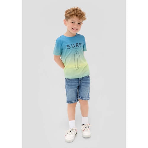 s.Oliver T-shirt met tekst blauw geel Jongens Polyester Ronde hals Tekst 92 98