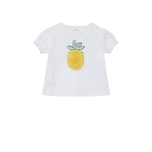 s.Oliver baby T-shirt met printopdruk wit/geel Meisjes Katoen Ronde hals