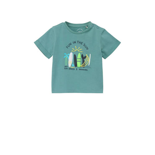 s.Oliver baby T-shirt met printopdruk petrol Blauw Jongens Katoen Ronde hals
