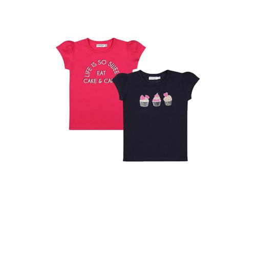 Dirkje t-shirt - set van 2 - donkerblauw/roze Meisjes Katoen Ronde hals - 104