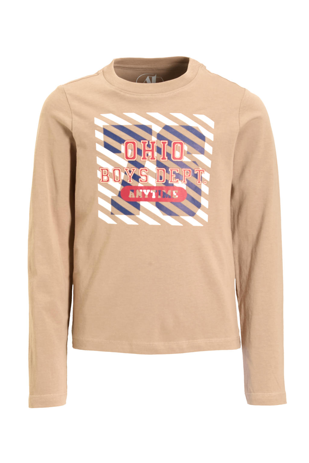 Zandkleurige jongens anytime longsleeve van katoen met printopdruk, lange mouwen en ronde hals