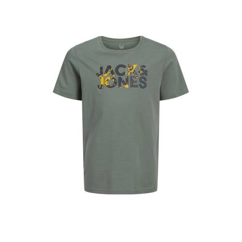 JACK & JONES JUNIOR T-shirt JJSTYD CORP SPLASH met logo groengrijs Jongens Katoen Ronde hals