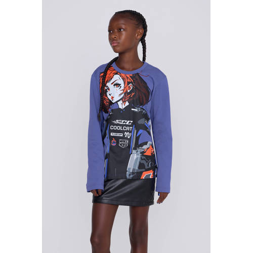 Coolcat Longsleeve T-shirt Tabitha met Motor Girl Print Paars Meisjes Katoen Ronde hals