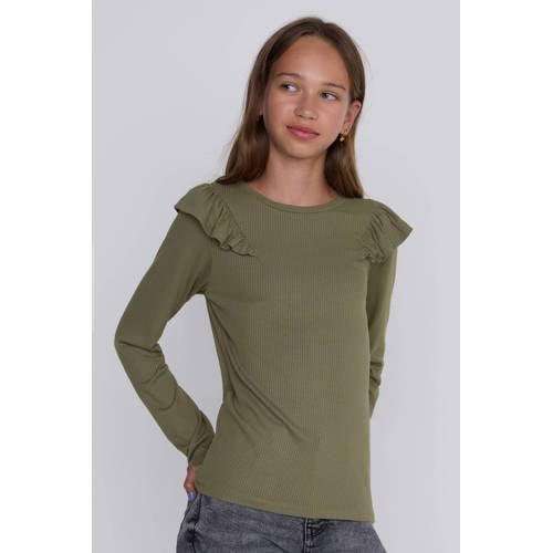 Coolcat Longsleeve Ruffels Rib Top Tegan Khaki Groen Meisjes Viscose Ronde hals
