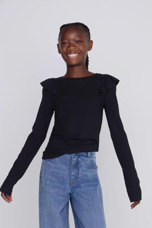 Longsleeve Ruffels Rib Top Tegan Zwart