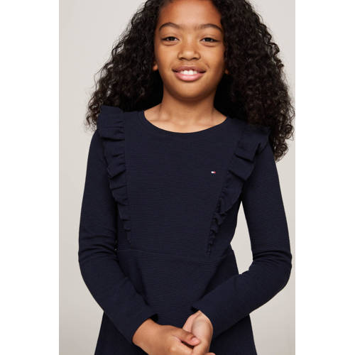 Tommy Hilfiger jurk donkerblauw Meisjes Katoen Ronde hals Effen 152