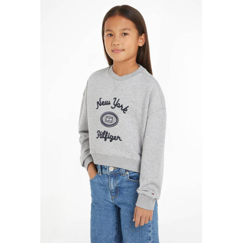 Tommy Hilfiger sweater met printopdruk grijs melange Meisjes Katoen Ronde hals 176