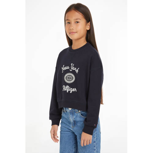 Tommy Hilfiger sweater met printopdruk donkerblauw Meisjes Katoen Ronde hals 104