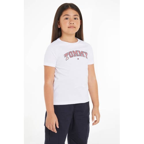 Tommy Hilfiger T-shirt met logo wit rood Meisjes Katoen Ronde hals Logo 140