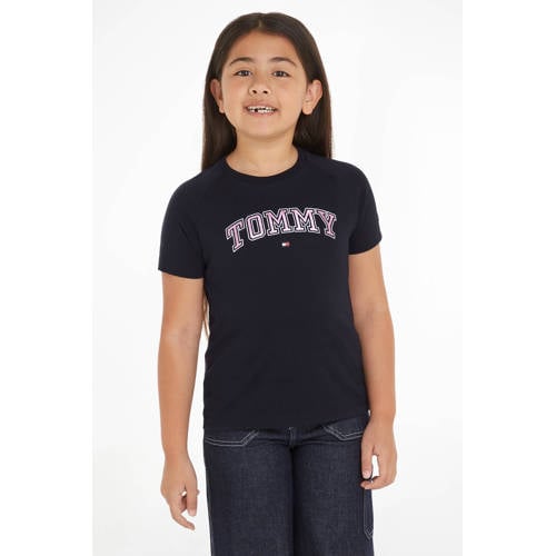 Tommy Hilfiger T-shirt met logo zwart roze Meisjes Katoen Ronde hals Logo 110