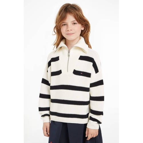 Tommy Hilfiger gestreepte sweater ecru donkerbblauw Meisjes Katoen Opstaande kraag 140