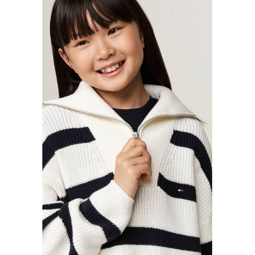 Tommy Hilfiger gestreepte sweater ecru donkerbblauw Meisjes Katoen Opstaande kraag 140