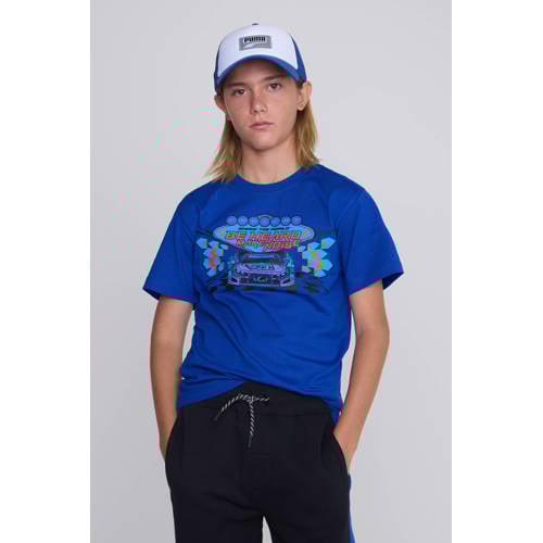 Coolcat T-shirt Tristan met Race Car Be Heard Print Blauw Jongens Katoen Ronde hals