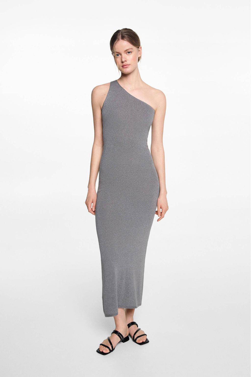 Zilverkleurige meisjes Mango Kids bodycon jurk van viscose met effen en one shoulder