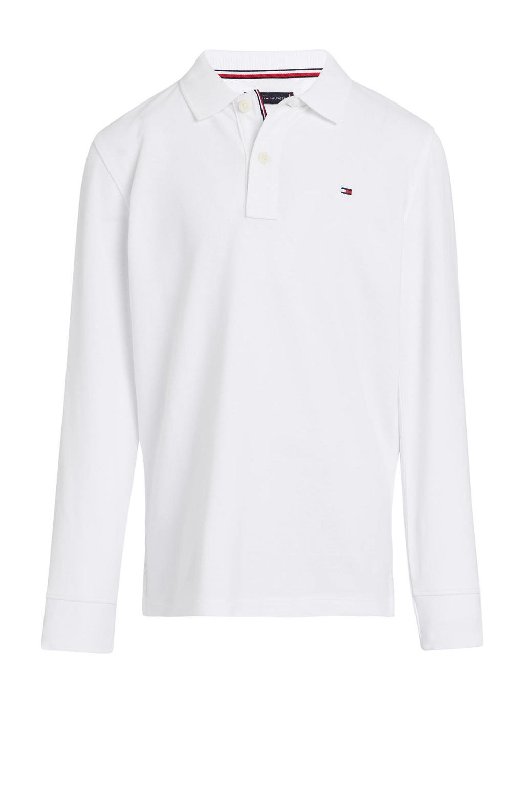 Witte jongens Tommy Hilfiger longsleeve white van katoen met effen, lange mouwen en polo kraag
