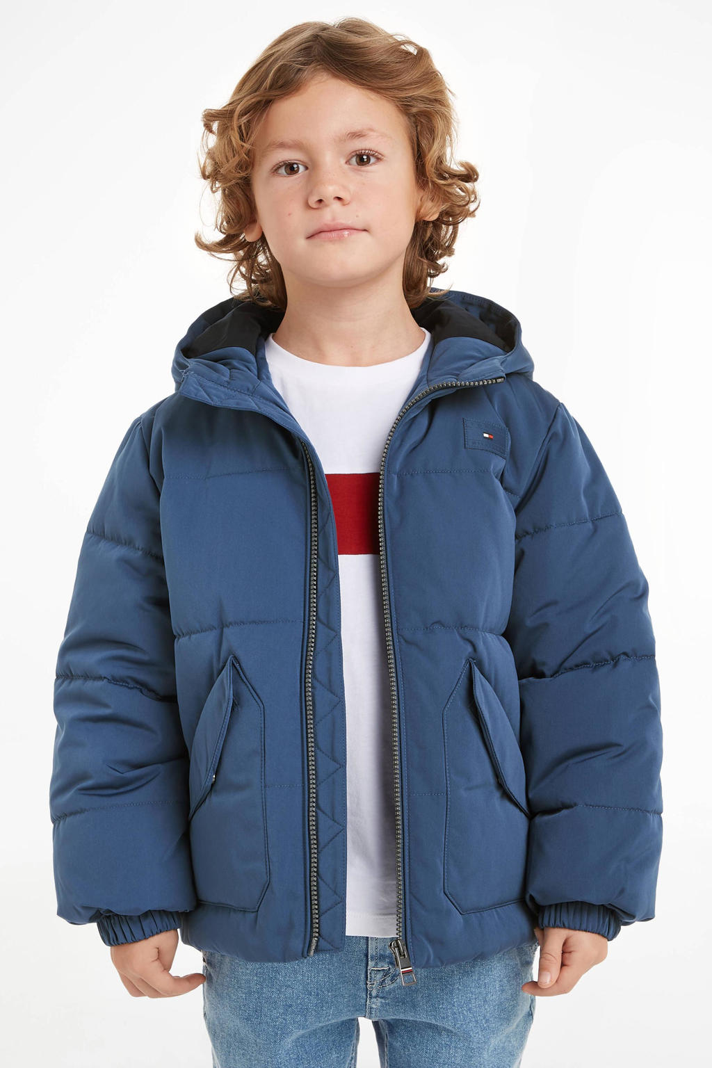 Blauwe jongens Tommy Hilfiger gewatteerde winterjas van polyester met effen, lange mouwen, capuchon, ritssluiting en geribde boorden