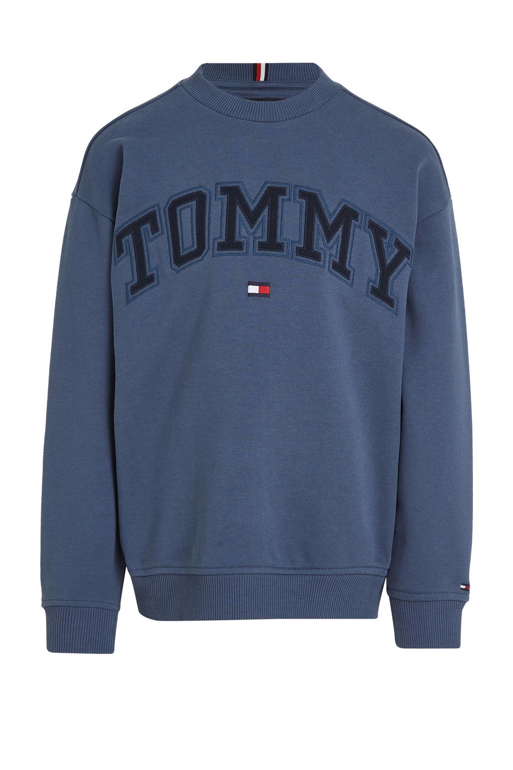 Blauwe jongens Tommy Hilfiger sweater met logo dessin, lange mouwen en ronde hals